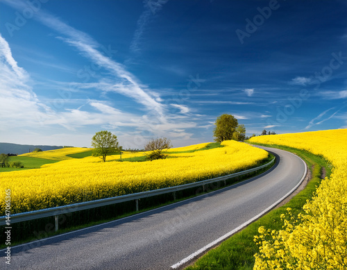 A road winding through a field of blooming rapeseed