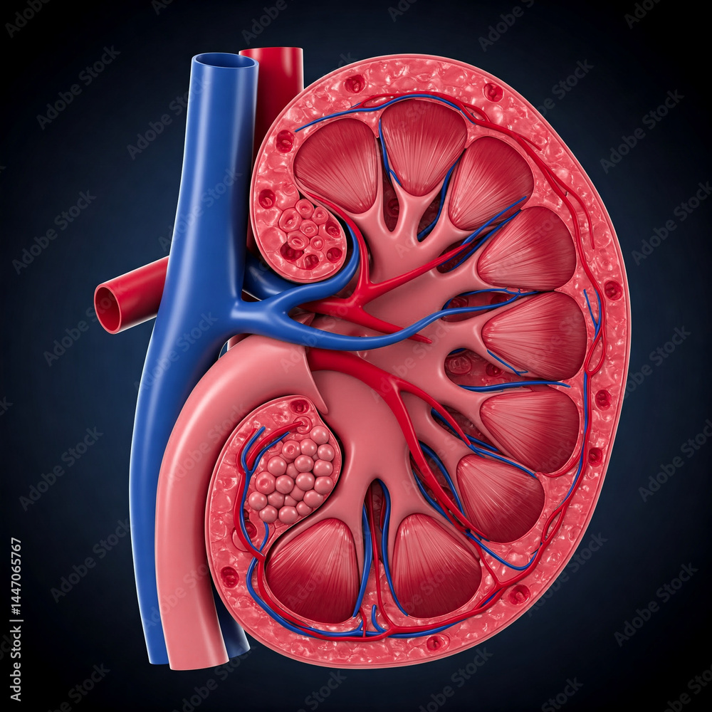 The interior of a kidney sectioned in two. Anatomical details of a kidney