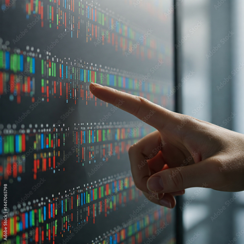 A doctor's hand points to a display showing DNA sequencing