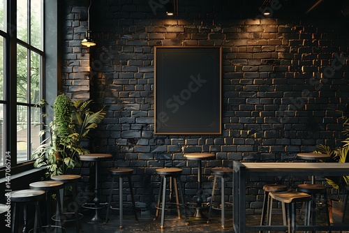 Bar interior with stools, tables and large vertical poster on dark brick wall. Concept of pub culture. 3d rendering. Mock up. Toned image
