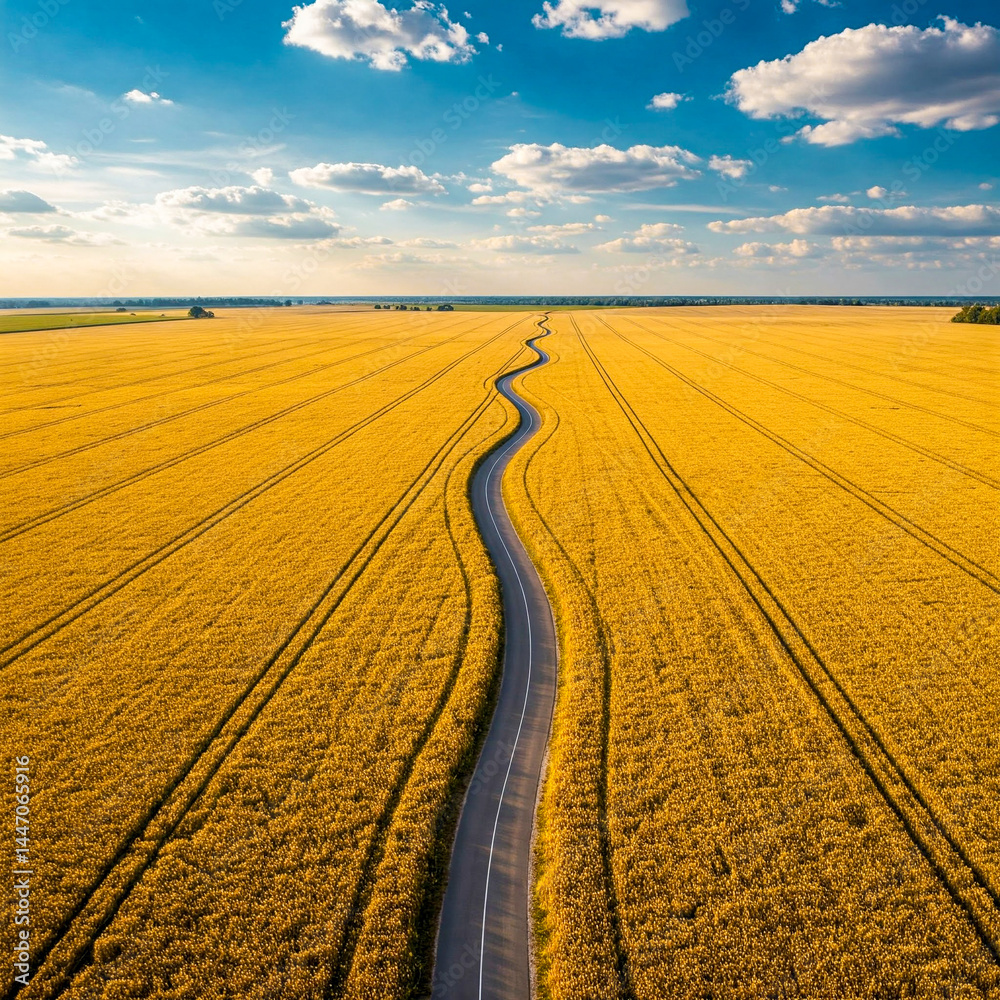 A road winding through a field of ripe wheat seen from above