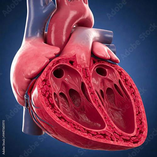The interior of a heart sectioned in two. Anatomical details of a heart