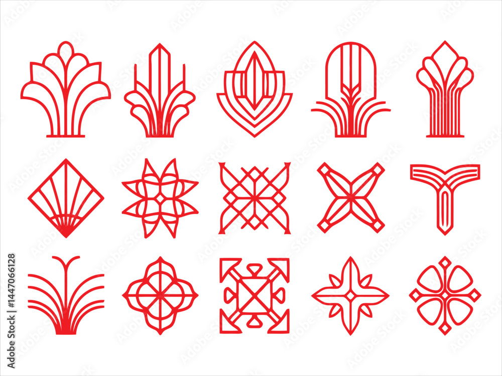 This image showcases a collection of 15 distinct, stylized floral and plant-inspired design elements in a vibrant red color. This image showcases a collection of 15 distinct, stylized floral and plant-inspired design elements in a vibrant red color.