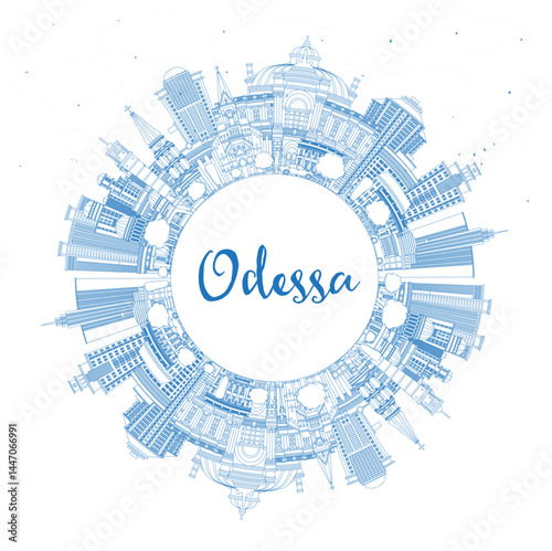 Outline Odessa city skyline with blue buildings and copy space. Odesa cityscape with landmarks. Business travel and tourism concept with modern and historic architecture.