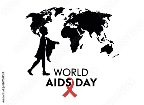 Silhouette of child raising awareness ribbon for World AIDS Day. silhouette of a child reaching for a red awareness ribbon, set against a stylized world map backdrop. global, prevention, awareness cam
