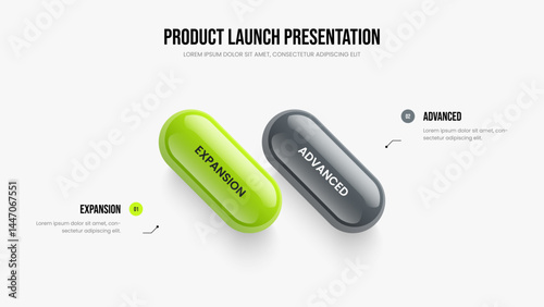 Advertising Growth Two Step Infographic Presentation Design. Service Strategy 2 Option Diagram Slide Layout. Financial Launch Frame Template Vector Illustration.