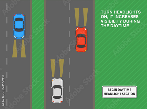 Safe driving tips and traffic regulation rules. Begin daytime headlight section sign. Top view of a traffic flow with turned lights on. Flat vector illustration template.