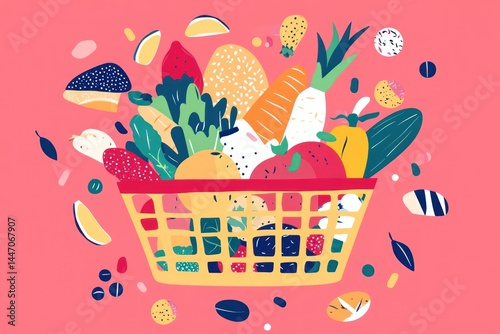 Shopping basket full of vegetables, fruits, bread and dairy products, isolated vector art, vibrant and minimalistic style