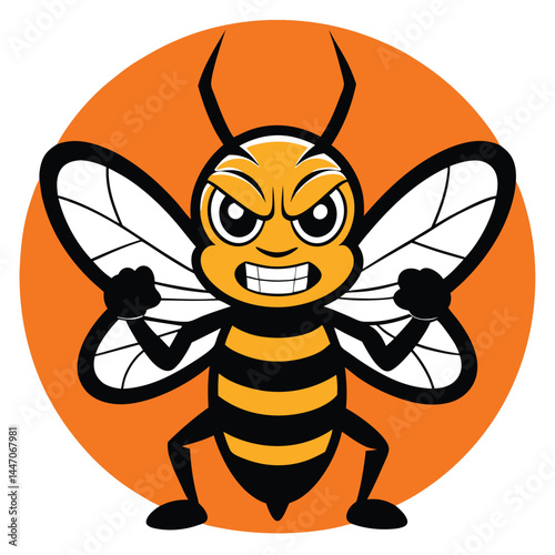 Cartoon bee mascot shows clenched fists and bares its teeth on orange backdrop