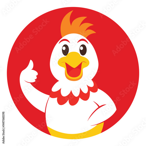 Cartoon chicken with orange feathers cheerfully gives the thumbs up inside a red circle
