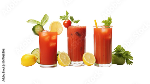 Bloody Mary, Pimms Cup, and Caesar Cocktail on White Background

