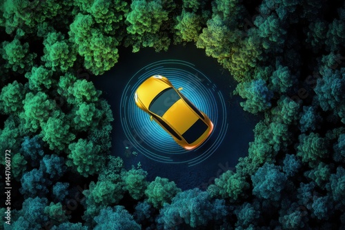 Yellow car surrounded by trees on white background on transparent background