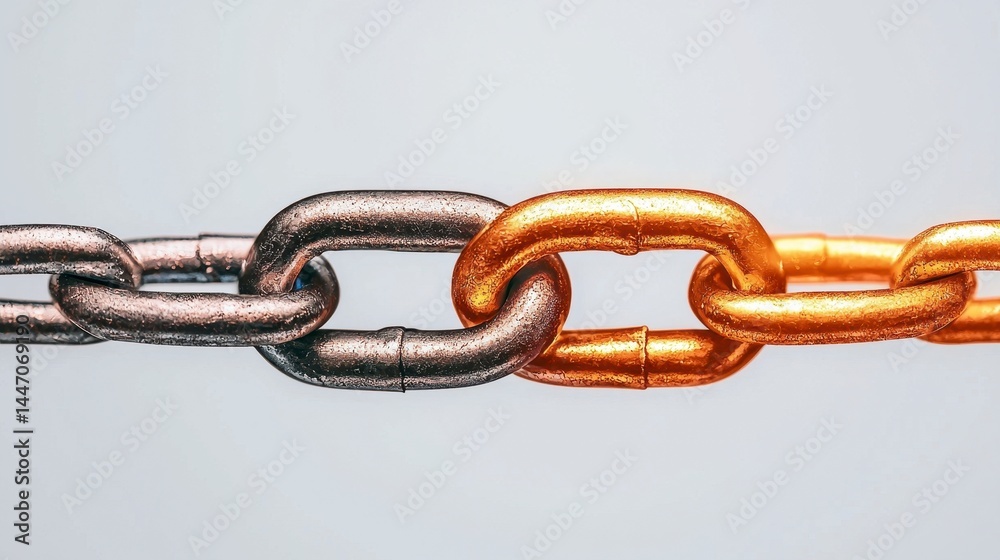 Fototapeta premium Gray and Gold Interlocking Metal Chain Links on Light Gray Background