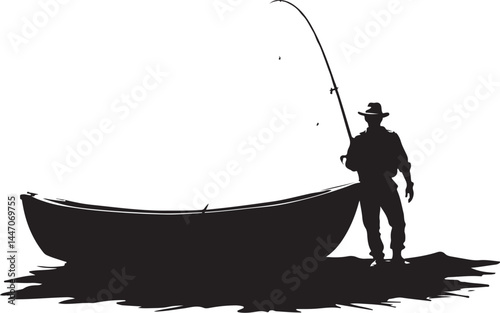 Silhouettes of Men and Dogs Fishing