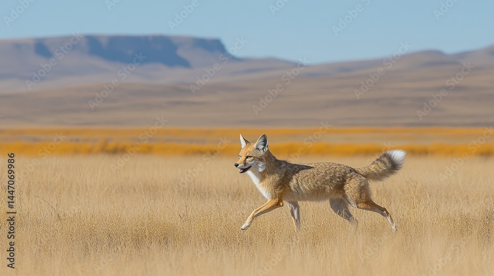 Obraz premium Solitarycoyoteinmotionacrossadrygrasslandwithdistantmesaagainstablueskyevokingawildwestscenarioandnatureadaptability resilience survival