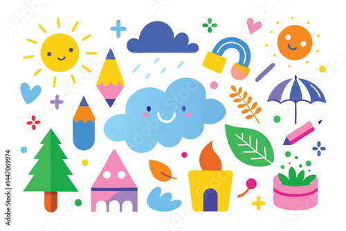 Cheerful weather icons and elementary drawing items float on a transparent background