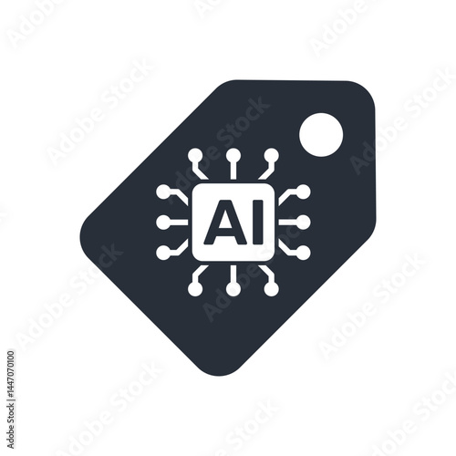 Black tag with artificial intelligence icon in flat style.