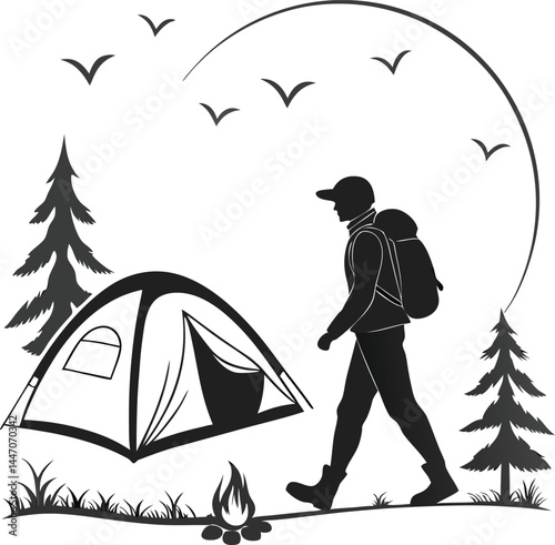 Vector Hiker Set – Man and Woman with Backpacks Near Tent at Night