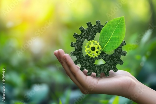 Hand holding gears and leaf concept on white background on transparent background