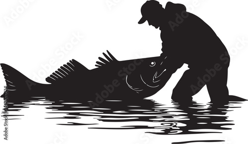 Silhouettes of Men and Dogs Fishing