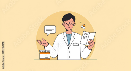 Illustration of a friendly doctor explaining medication usage with a warm demeanor