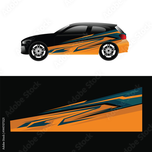 Racing car livery with aggressive angular stripes in orange and dark teal. Perfect for high-speed vehicle wraps, sports car customization, and vinyl decal templates. Dynamic and fast-look design for d