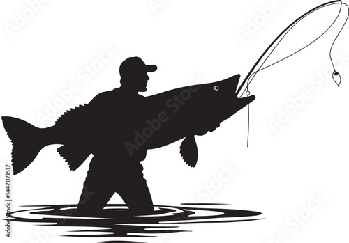 Silhouettes of Men and Dogs Fishing