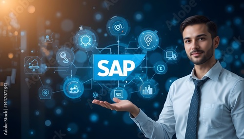 SAP System Application Products. Business process automation and management software concept. A businessman presents SAP related technology icons, business process automation, and management solutions