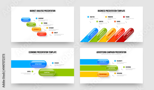 Professional Report Four Five Two Three Option Infographic Slide Layout Vector Illustration Bundle. Product Strategy 4 5 2 3 Element Diagram Slideshow Design Set.