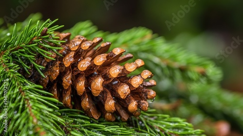 Closeup of unopened pine cone on evergreen branches