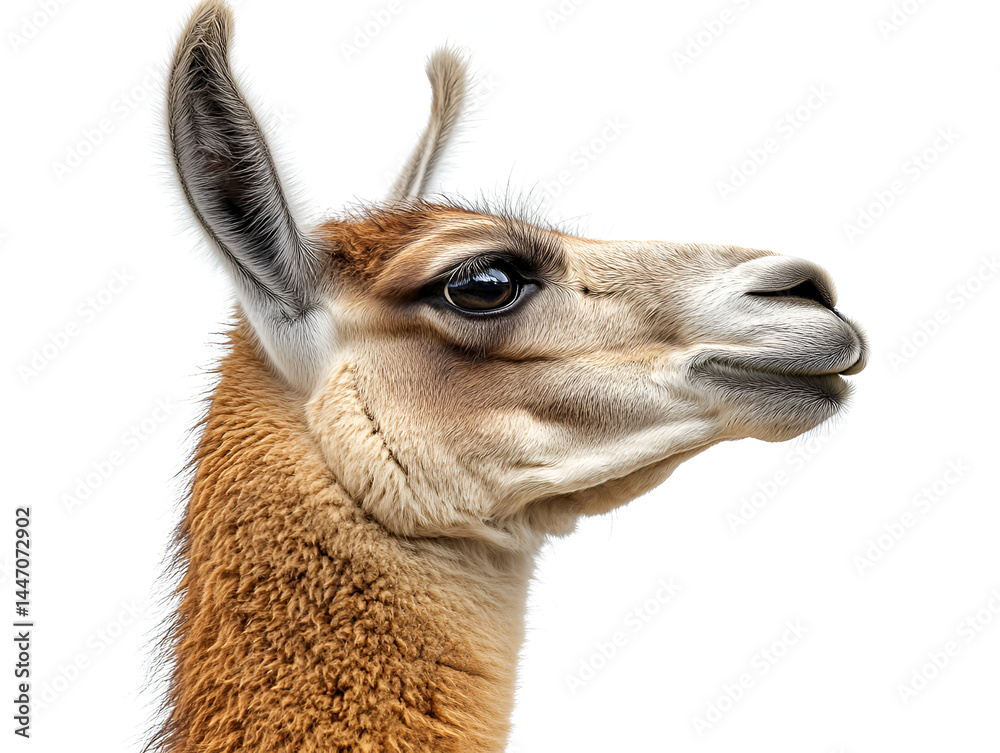 Obraz premium A cute, isolated, white alpaca portrait shows its soft fur, a close-up of this South American camelid mammal