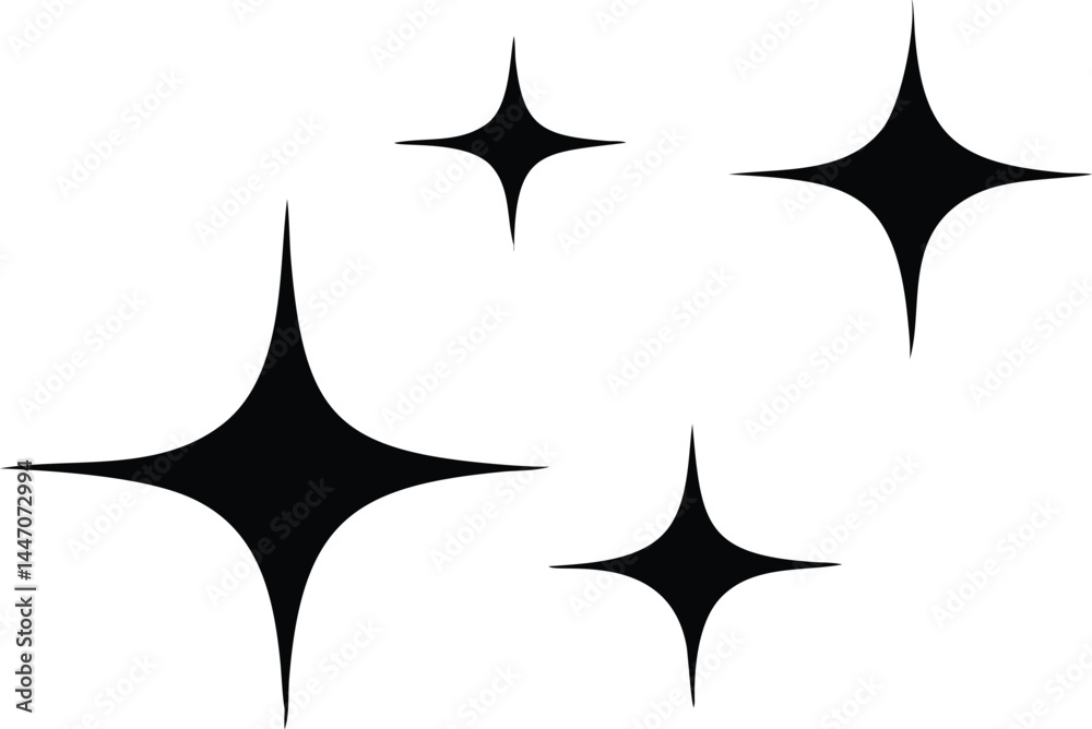 Obraz premium Four black sparkle elements are set on a plain white background and isolated