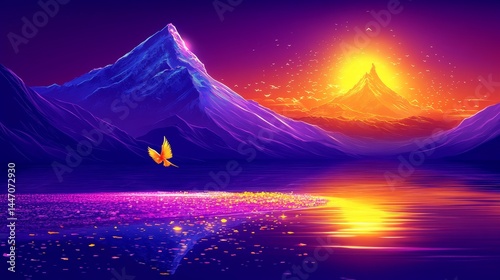 Dreamscape of luminous peaks and ethereal waters blending artistic vision with vibrant colors creating an otherworldly landscape serenity