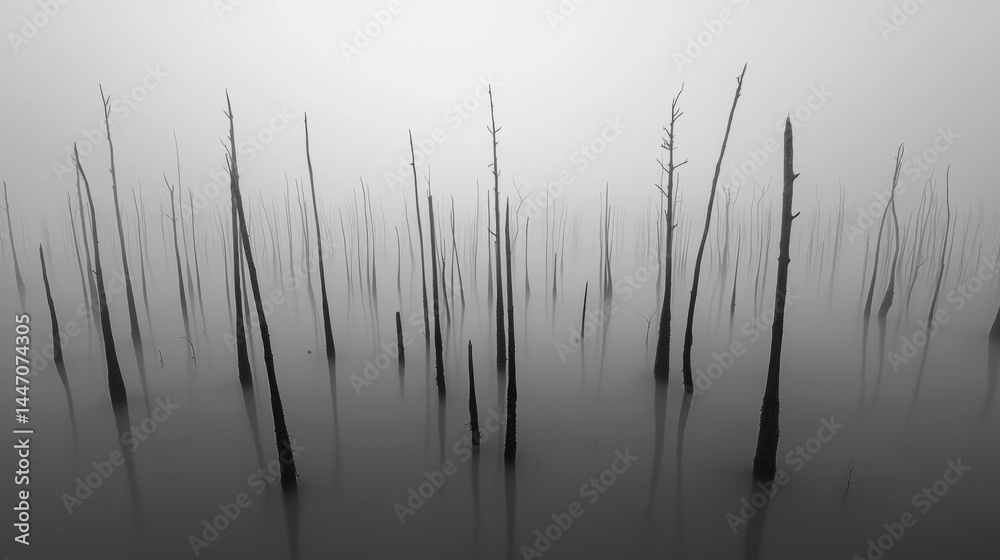 Obraz premium Fog envelops a desolate forest with bare tree trunks rising from calm waters at dawn
