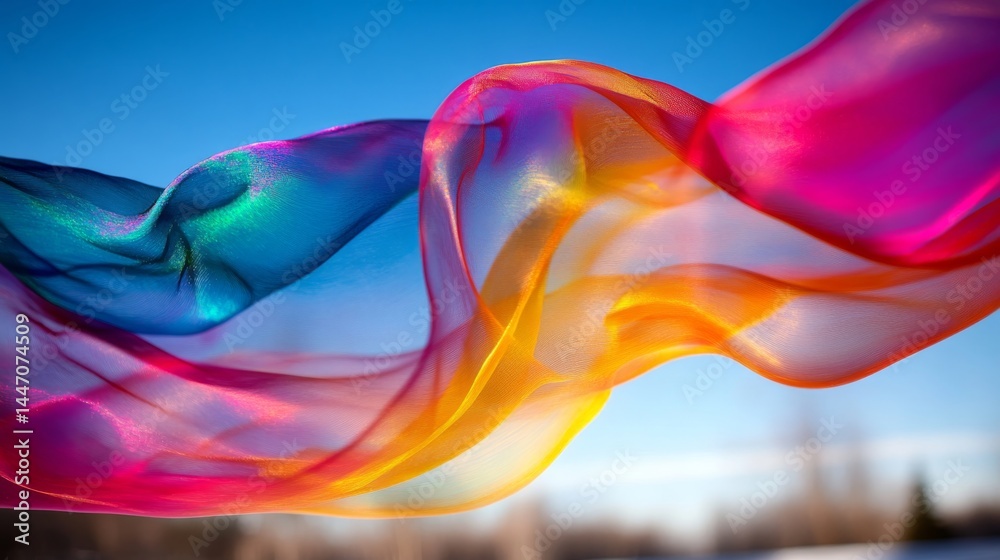 Fototapeta premium Several soap bubbles dance in mid-air, reflecting sunlight and showcasing a rainbow of colors against a bright blue sky, while leaving space for text on the right