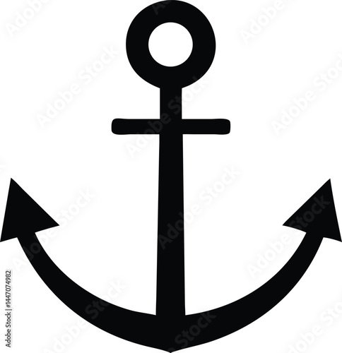 Isolated black anchor with distinct flukes sits on a white transparent background