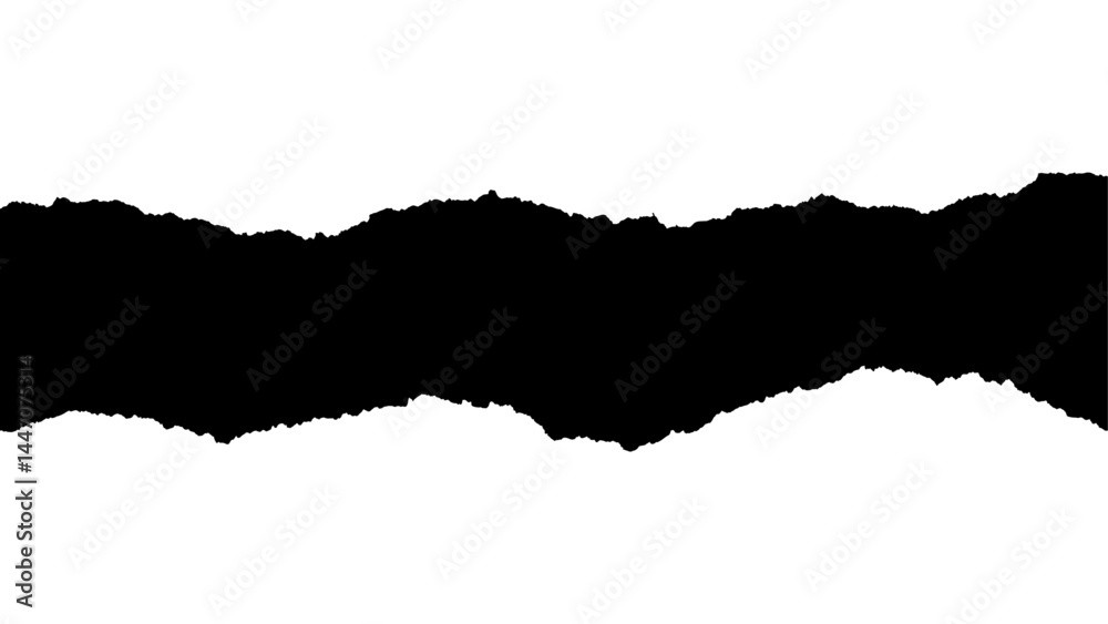 a white piece of paper on a black isolated background. Ripped rectangular grunge frame silhouette. Textured vector element. 
