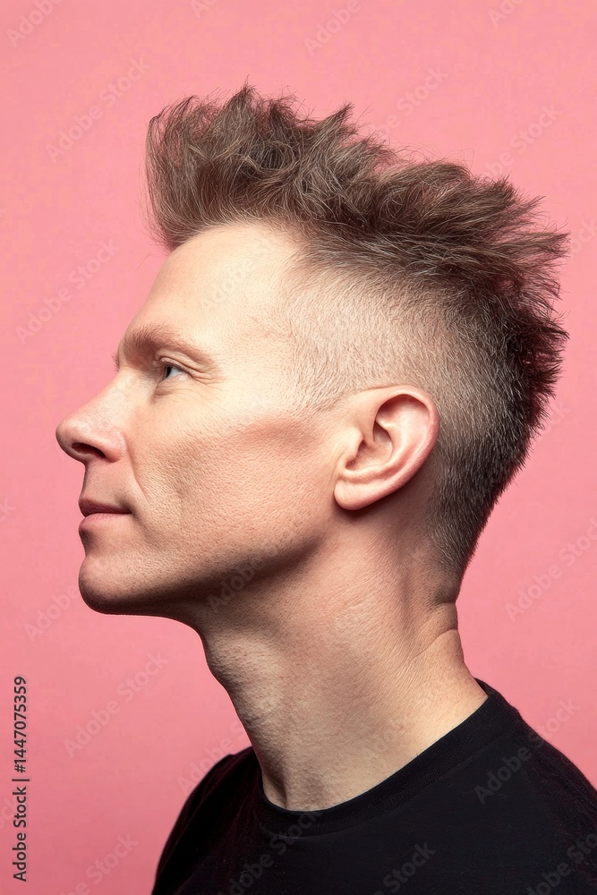 Obraz premium A trendy man showcasing a fashionable hairstyle. Conceptual art of style for aging men. Chic men's short crest haircut - midlife white man with hair. Pink solid background.
