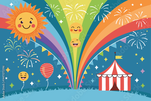 Design a vibrant, playful poster announcing a kids' summer carnival, bursting with colorful shapes and playful fonts.  Include space for event details.