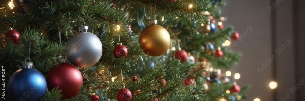Fototapeta premium Close-up of a decorated Christmas tree, colorful baubles, twinkling lights, winter scene , texture, ornaments, glitter
