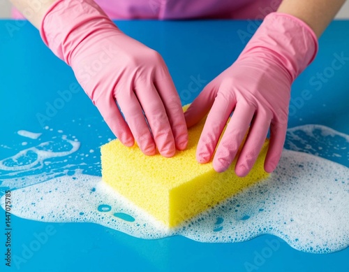 A pink durable glove cleans the blue surface with a yellow washcloth foamed with soap.