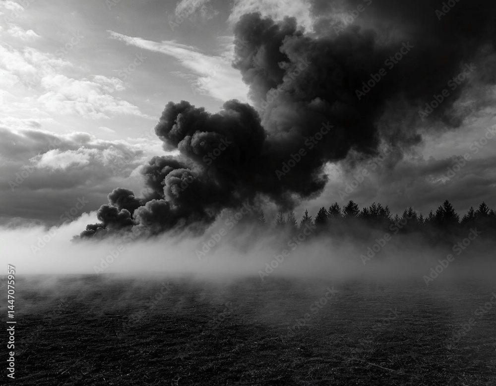Fototapeta premium Black smoke spreads across the ground like a misty cloud, creating a gloomy semi-dark background consisting of steam and dust, forming an intimidating overlay of squat smoke.