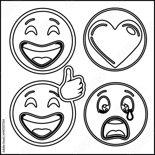 A vector illustration features a set of funny cartoon faces, each with a unique smiling expression, showcasing playful character design