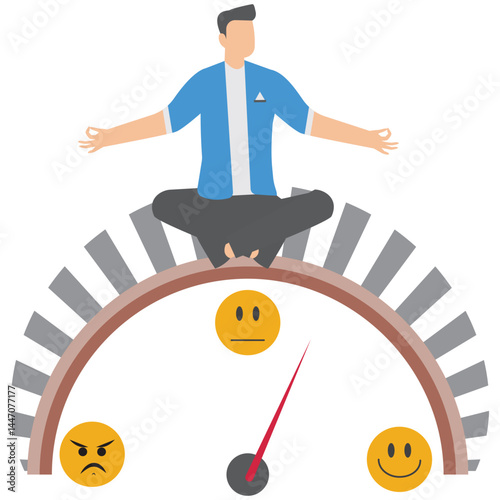 Businessman meditate at office desk with satisfaction rating work environment wellbeing