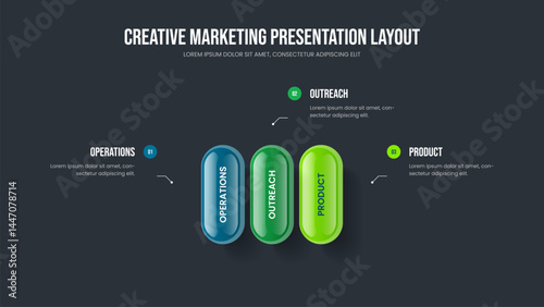 Marketing Showcase Three Step Diagram Slideshow Template. Project Solution Frame Layout Vector Illustration. Consulting Report 3 Element Infographic Slide Design.