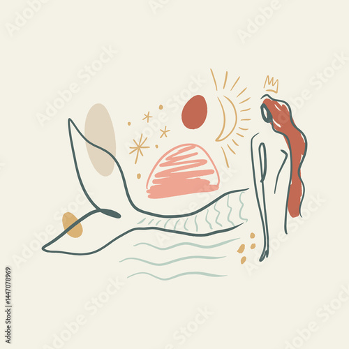 Minimalistic redhead mermaid silhouette undine modern abstract linear painting, seamaiden red hair icon and logo elements, graphic outline style for surf or spa and yoga studio. Vector line water