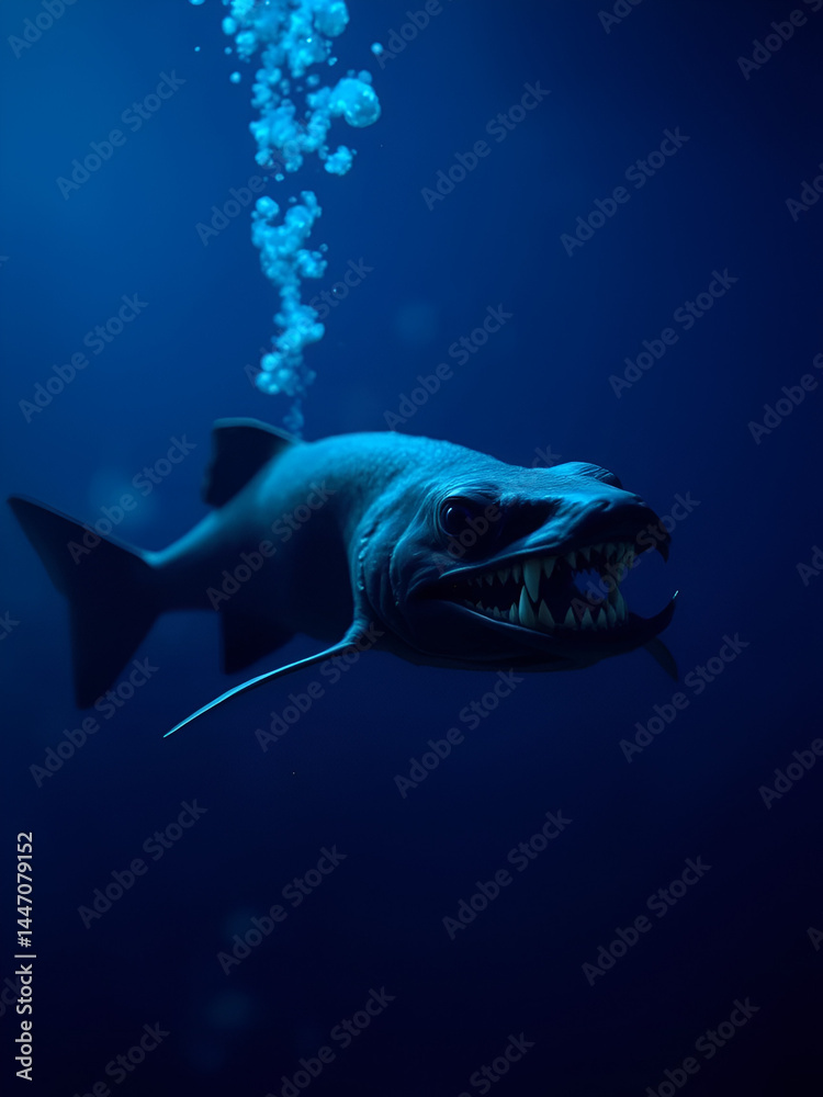 Naklejka premium Viperfish swimming in the depths of the sea, viperfish with sharp teeth and a scary black body, the faint blue light from the surface of the water highlights its myster. AI generated images.