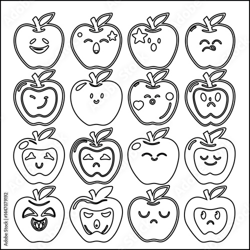 A vector set of funny cartoon fruit and vegetable characters, including a smiling apple and cute cat face icons, offers a fun food illustration collection