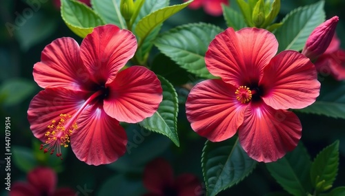 Intricate hibiscus blossoms, vibrant hues, lush leaves , print, fashion, flowers
