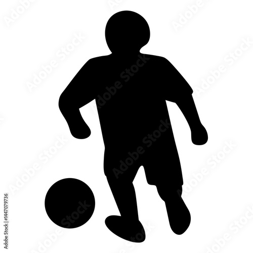 Silhouette of a soccer player dribbling a soccer ball on white background